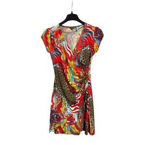 Vintage Y2K Tricotto Leopard Abstract Print Midi Dress S Ruched Ruffle Detail
